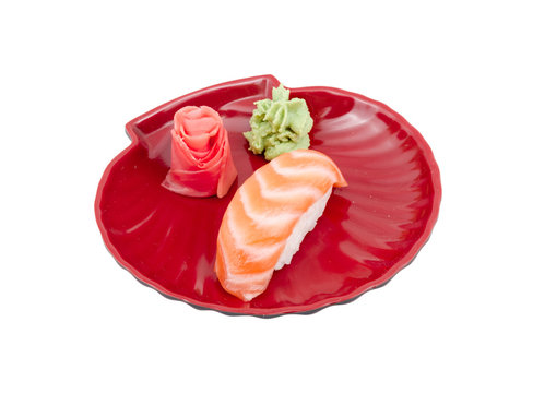 studio shoot of japanese sushi vaki with salmon on white backgro