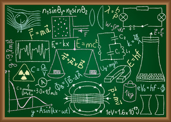 Physical doodles and equations on chalkboard