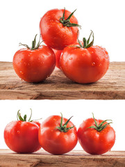 Collection of Tomatoes on the old wooden board with water drops 