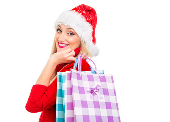 Christmas or santa claus woman with shopping bags - gift