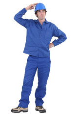 Tradesman with a dreamy look on his face