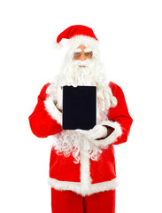Santa Claus with tablet on white background