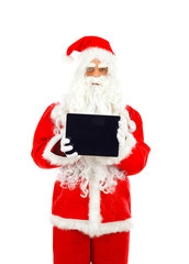 Santa Claus with tablet on white background