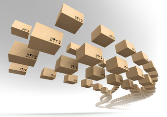 Stream of flying cardboard boxes. Fast accuracy delivery