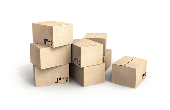 Pile of new cardboard boxes isolated on white
