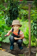 Portrait of a boy working in the garden in holiday