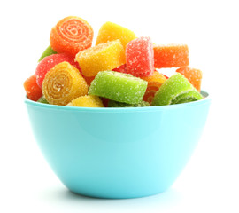 colorful jelly candies in bowl isolated on white.