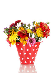 bouquet of beautiful summer flowers in bucket, isolated on
