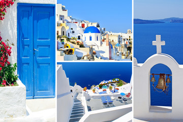 Collage of summer photos in Santorini island, Greece