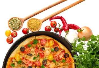 Poster Im Rahmen colorful composition of delicious pizza, vegetables and spices © Africa Studio