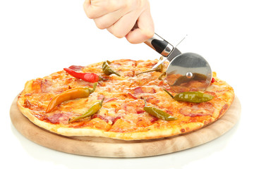 cutting tasty pepperoni pizza on wooden stand isolated on white