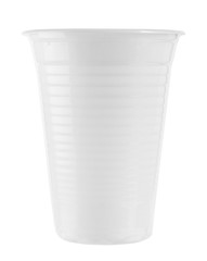 Close up of plastic cup on white background