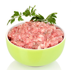 Bowl of raw ground meat isolated on white