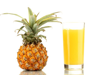 Ripe pineapple and juice glass isolated on white