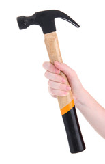 Hammer in woman hand, isolated on white