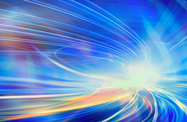 Abstract speed motion in urban highway road tunnel, blurred motion toward the light. Computer generated colorful illustration. Light trails, fiber optics technology background. - 47188700