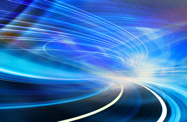 Abstract motion technology background illustration, blue curved shapes of fiber optics trails