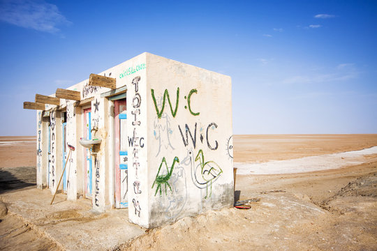 Public toilets in the salt lake of Chott El Djerid, Tunisia