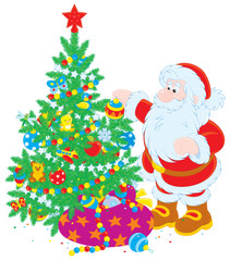 Santa Claus decorating Christmas tree