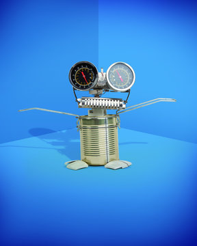 cute funny robot toy made of garbage. recycling waste