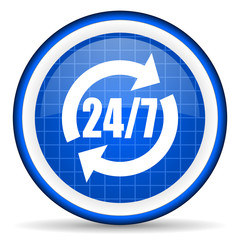 24/7 service blue glossy icon on white background