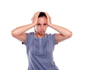 Unhappy young woman with a terrible headache