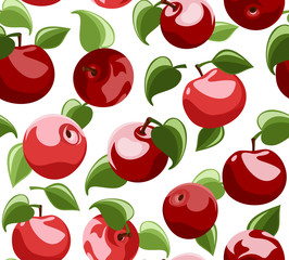 Vector seamless background with red apples and leaves.