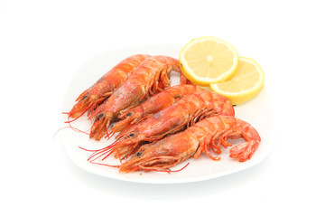 prawn with lemon isolated on white background