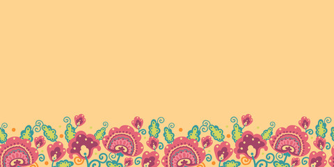 Vector folk Blossom Horizontal Seamless Pattern Background