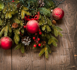 Christmas Decoration. Holiday Decorations over wooden background