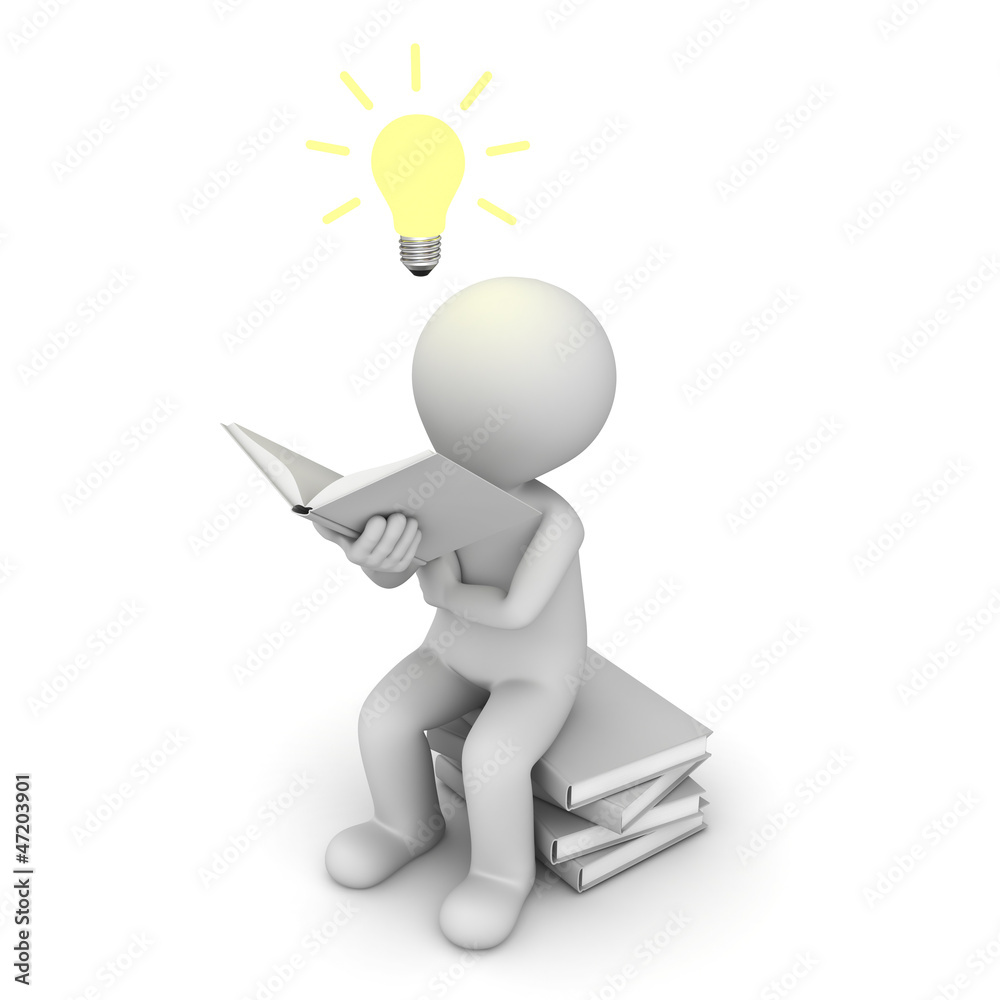 Poster 3d man sitting and reading a book with idea bulb on white
