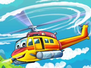 Cartoon scene with helicopter flying over the mountains - transportation - illustration for children