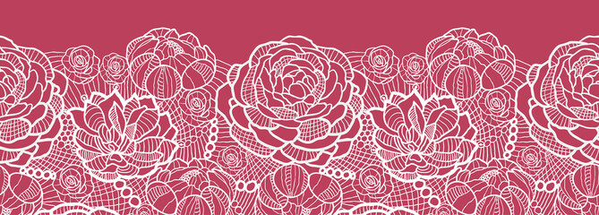 Vector red lace flowers elegant horizontal seamless pattern - obrazy, fototapety, plakaty