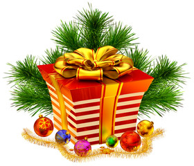 Christmas tree toys and gift with golden bow