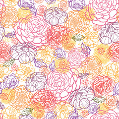 Vector floral line art seamless pattern with hand drawn flowers