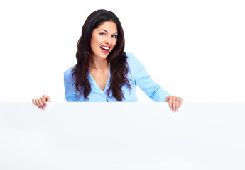 Happy woman with banner.