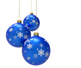 Three blue christmas baubles or ornaments