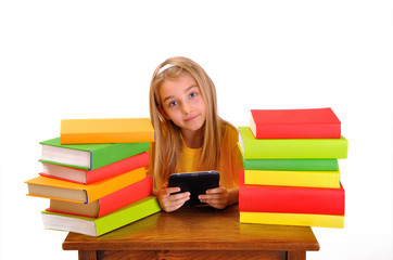 Girl reading e-book surrounded by books,  isolated on white