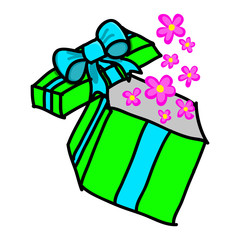 Opened colorful gift box with flower on white background