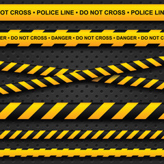 Police line and danger tapes on dark background
