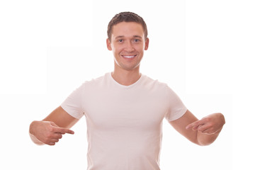 young men in t-shirt shows on itself
