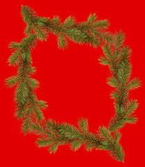 red christmas frame from fir branches