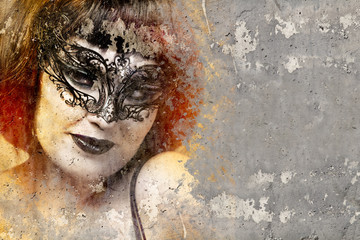 Portrait of beautiful woman over dirty wall with venetian mask,
