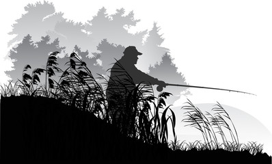 fisherman silhouette near grey forest lake