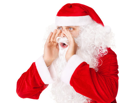 Santa Claus loud screaming calling out to someone isolated on wh