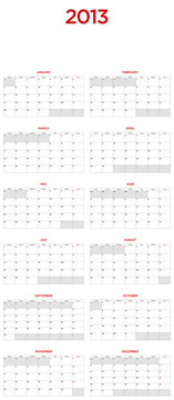 Calendar for 2013. Room besides each day, large format.