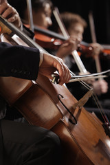 Symphony concert, a man playing the cello, hand close up - obrazy, fototapety, plakaty