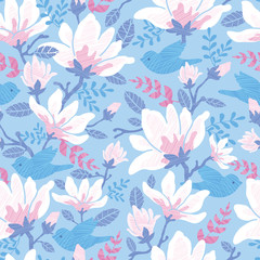 Vector birds among blossoms elegant seamless pattern background