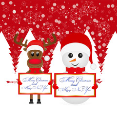 Snowman and Christmas reindeer with banners in a snowy forest