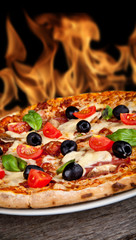 Delicious italian pizza served on wooden table